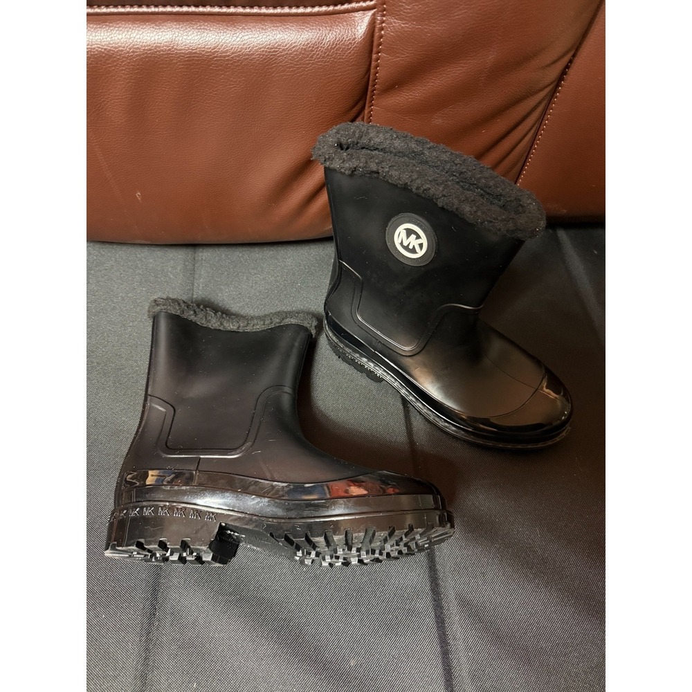 Michael Kors Rubber Rain Boots‎ Womens 6 Black MK Logo Fleece Lined